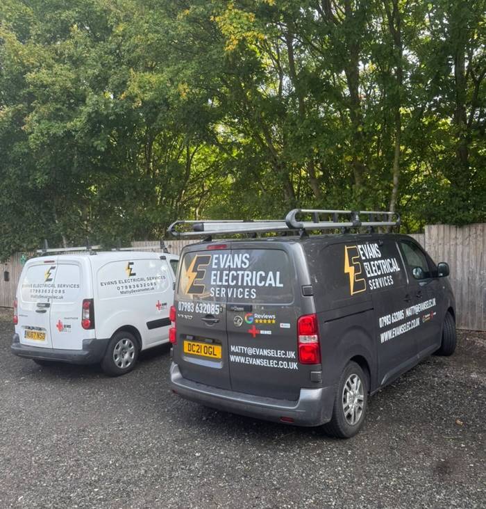 Evans Electrical Services professional fleet of vans serving Cheshire and the North West